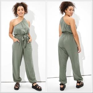 American Eagle One Shoulder Olive Green Jumpsuit